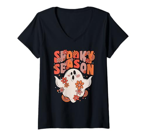 Damen Spooky Season Groovy Ghost mit Vintage-Blumen für Halloween T-Shirt mit V-Ausschnitt Damen Spooky Season Groovy Ghost mit Vintage-Blumen für Halloween T-Shirt mit V-Ausschnitt von Groovy Vintage Retro 70s Halloween Costume