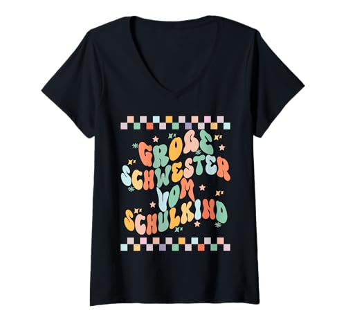 Damen Retro Einhorn Große Schwester von Schulkind Einschulung T-Shirt mit V-Ausschnitt Damen Retro Einhorn Große Schwester von Schulkind Einschulung T-Shirt mit V-Ausschnitt von Groovy zurück zur Schule Geschenke für Mädchen Tee