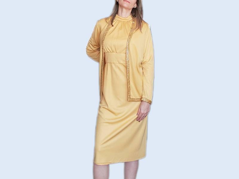 Vintage 60Er Jahre Maxi Kleid Gold Gelb Bolero Jacke Pailletten Strass Gr 10 12 von GroovyGarmentsVTG