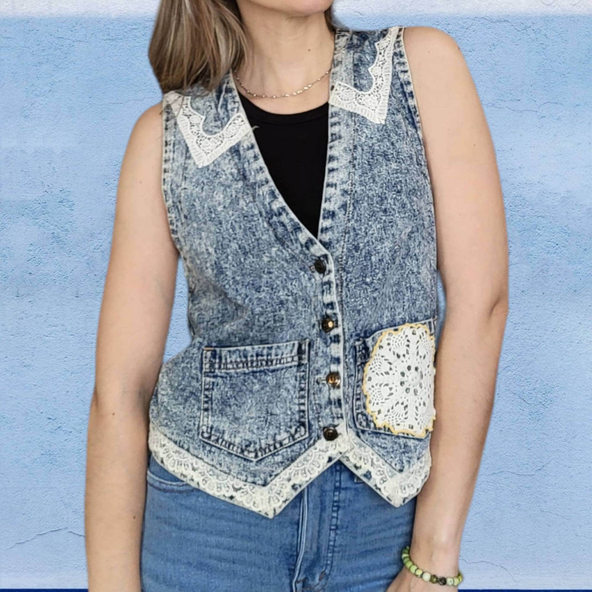 Vintage 80Er 90Er Acid Wash Jeans Weste Häkelspitze S M Grunge Cherokee von GroovyGarmentsVTG