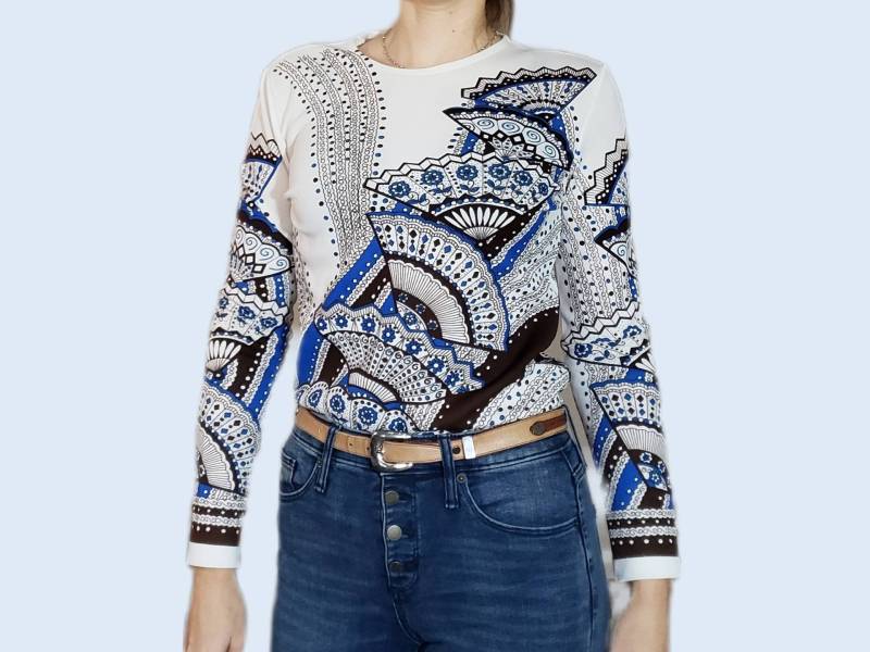 Vintage Damen 70Er Shirt Tunika Bluse Polyester Weiß Fan Blau Braun S M von GroovyGarmentsVTG