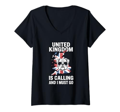 Damen United Kingdom is Calling and I Must Go Bulldogge UK T-Shirt mit V-Ausschnitt Damen United Kingdom is Calling and I Must Go Bulldogge UK T-Shirt mit V-Ausschnitt von Grossbritannien Vereinigtes Koenigreich Bulldogge