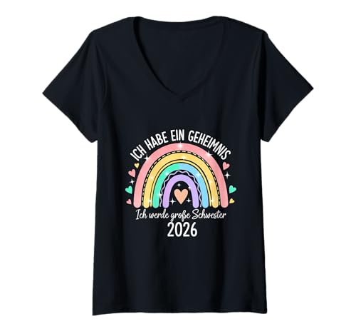 Damen Ich Habe EIN Geheimnis Große Schwester 2026 Rainbow T-Shirt mit V-Ausschnitt Damen Ich Habe EIN Geheimnis Große Schwester 2026 Rainbow T-Shirt mit V-Ausschnitt von Große 2026 Schwester Schwangerschaft Verkünden