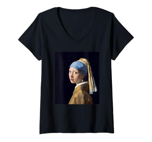 Damen Das Mädchen mit dem Perlenohrring Kunstmalerei Meisterwerk T-Shirt mit V-Ausschnitt Damen Das Mädchen mit dem Perlenohrring Kunstmalerei Meisterwerk T-Shirt mit V-Ausschnitt von Great Art Paintings Apparel Designs