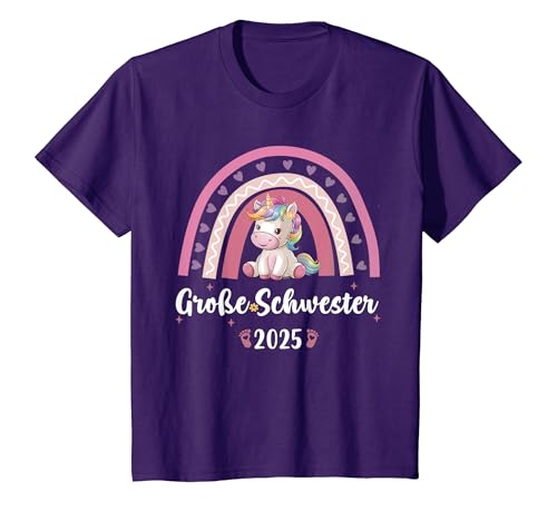 Grosse Schwester 2025 T-Shirt - Kinder, Ich Werde Große Schwester 2025, Lila, Cartoon Einhorn, V-Ausschnitt, Kurzarm, Pull-On, Polyester 100% von Grosse Schwester 2025 TShirt