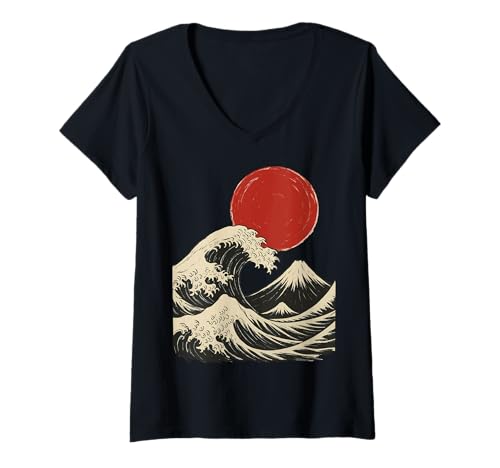 Damen Japanische Welle Japan Ästhetik T-Shirt mit V-Ausschnitt von Große Welle Japan Ozean Ukiyo e