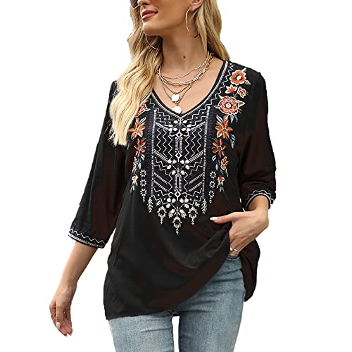 Grosy Böhmische bestickte Tops für Frauen Hippie Kleidung Mexikanische Bauernblusen Traditionelle Boho Kleidung Tunika Shirts, Schwarz 3, X-Groß von Grosy