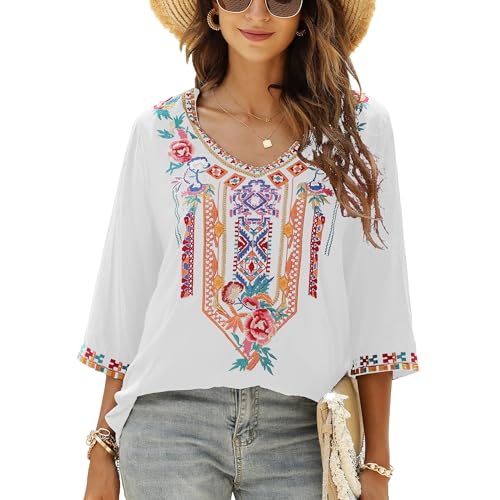 Grosy Bohemian Embroidered Tops for Women, Hippie Clothes, Mexican Peasant Blusen, Traditionelle Boho Clothing Tunika Shirts, Weiß 3, Klein von Grosy