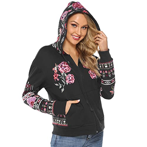 Grosy Boho Floral Bestickter Hoodie für Frauen Zip Up Langarm Kapuzenpullover für Herbst Winter Ethno Vintage Jacken, Schwarz-02, XL von Grosy
