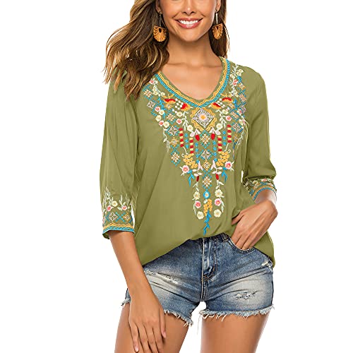 Grosy Damen Casual Sommer Herbst Tops Blumen bestickt Boho Top Bauernbluse für Frauen 3/4 Ärmel V-Ausschnitt, Grün , Klein von Grosy