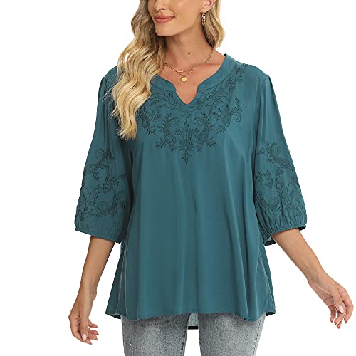 Grosy Damen V Ausschnitt Sommer Tops Einfach Elegant Bluse Bestickt Casual Tunika - Grün - XX-Large von Grosy
