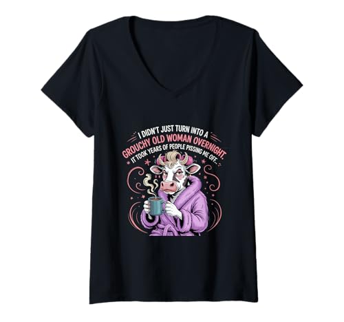 Damen Grouchy Old Woman Funny Cow Coffee Sass T-Shirt mit V-Ausschnitt von Grouchy Old Woman Cow Coffee Funny Quote