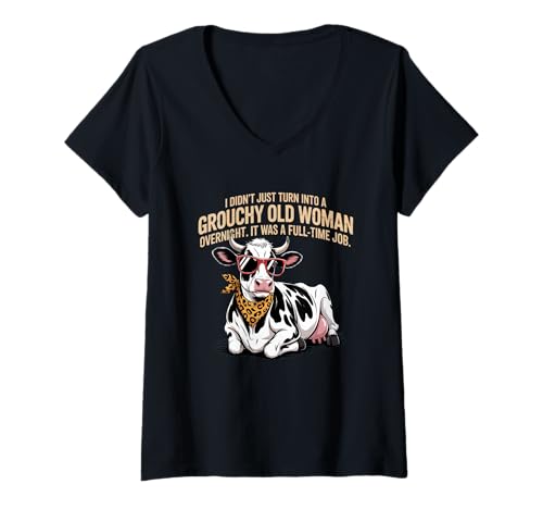 Damen Grouchy Old Woman Cow Funny Leopard Print Humor T-Shirt mit V-Ausschnitt von Grouchy Old Woman Cow Funny Farm Gifts Co