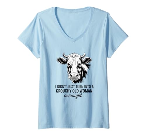 Damen Grouchy Old Woman Cow Monochrome Sarcastic Quote T-Shirt mit V-Ausschnitt Damen Grouchy Old Woman Cow Monochrome Sarcastic Quote T-Shirt mit V-Ausschnitt von Grouchy Old Woman Cow Monochrome Farm Humor Co