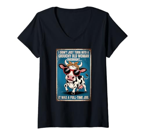 Damen Grouchy Old Woman Cow Funny Retro Humor T-Shirt mit V-Ausschnitt von Grouchy Old Woman Cow Retro Leopard Design Co