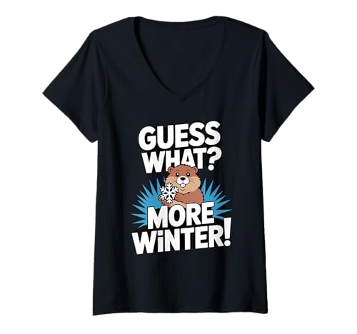 Damen Guess What More Winter Groundhog Day Forecast T-Shirt mit V-Ausschnitt Damen Guess What More Winter Groundhog Day Forecast T-Shirt mit V-Ausschnitt von Groundhog Day Funny Weather Animal Lover