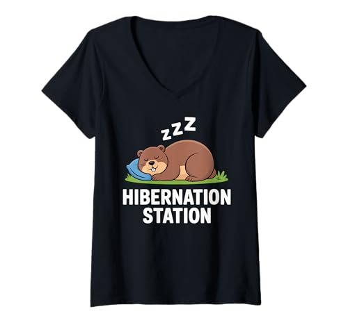 Damen Hibernation Station Groundhog Day Animal Fun T-Shirt mit V-Ausschnitt Damen Hibernation Station Groundhog Day Animal Fun T-Shirt mit V-Ausschnitt von Groundhog Day Funny Weather Animal Lover