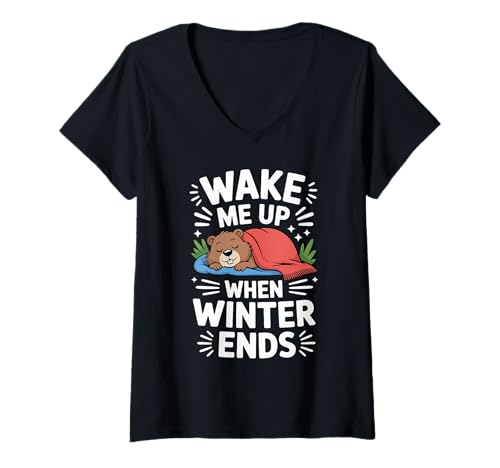 Damen Wake Me Up When Winter Ends Groundhog Day T-Shirt mit V-Ausschnitt Damen Wake Me Up When Winter Ends Groundhog Day T-Shirt mit V-Ausschnitt von Groundhog Day Funny Weather Animal Lover