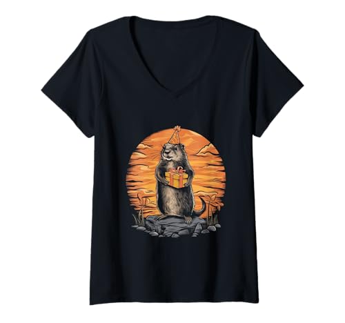 Damen Happy Groundhog Day Groundhog Ground Hog mit Geburtstagsfeier T-Shirt mit V-Ausschnitt Damen Happy Groundhog Day Groundhog Ground Hog mit Geburtstagsfeier T-Shirt mit V-Ausschnitt von Groundhog Day Ground Hog Birthday Party1