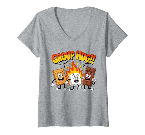 Damen Group Hug Marshmallow Lagerfeuer Snack Lustig Camping T-Shirt mit V-Ausschnitt Damen Group Hug Marshmallow Lagerfeuer Snack Lustig Camping T-Shirt mit V-Ausschnitt von Group Camping Smores Adventure Chocolate Apparel