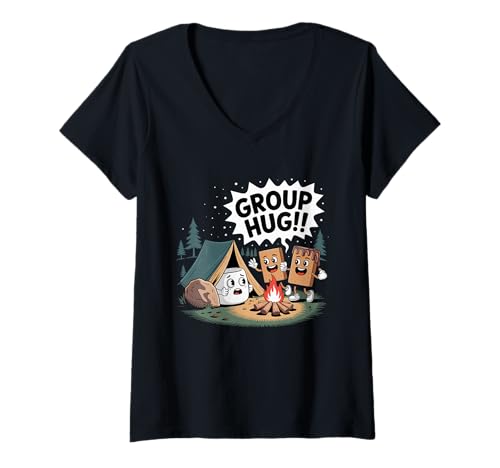 Damen Group Hug Marshmallow Lagerfeuer Snack Lustig Camping T-Shirt mit V-Ausschnitt Damen Group Hug Marshmallow Lagerfeuer Snack Lustig Camping T-Shirt mit V-Ausschnitt von Group Camping Smores Adventure Chocolate Apparel