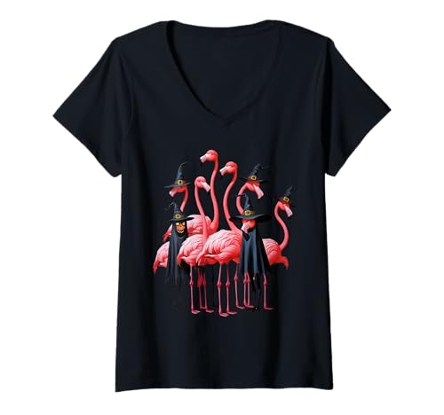 Damen Halloween Flamingos Verkleidet als Hexen Pink Birds Girls T-Shirt mit V-Ausschnitt von Group Women Halloween Fun Trick Treat Outfits