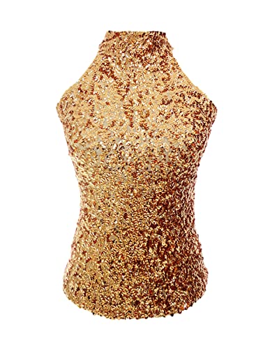 Frauen glitzernde Pailletten hohe Neckholder Ärmel Top Mädchen Latein Tanz Party Größe Kleidung (UK Damen 4/6/8/10), gold, Small von Grouptap