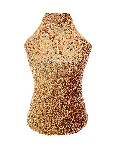 Damen-Top mit glitzernden Pailletten, hoher Neckholder-Ärmel, für Latein-Tanz, Party, Größe 32/36/38, goldfarben, gold, S von Erkic
