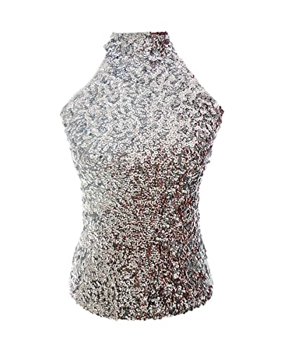 Frauen glitzernde Pailletten hohe Neckholder Ärmel Top Mädchen Latein Tanz Party Größe Kleidung (UK Damen 4/6/8/10), silber, Small von Grouptap