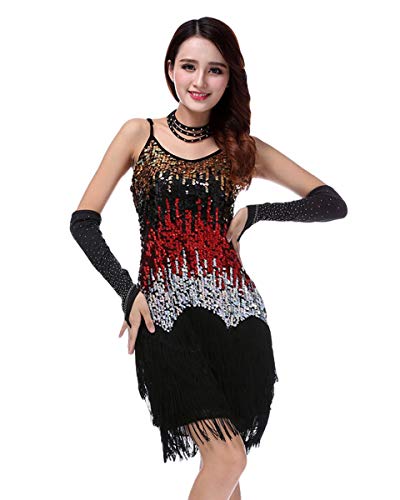 Grouptap 1920 Gatsby Latin Frauen tanzen Pailletten Quaste Phantasie 1930 Rock Kleid Rot Schwarz Salsa Samba Rumba Damen Größe 32/34/36/38 (Schwarz Rot, EU 32-38) von Bhgytec