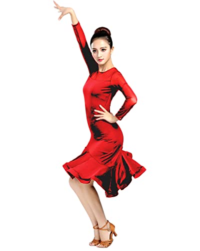 Lateinisches Damen-Kleid mit Rüschen, Schwarz/Rot, langärmelig, für Ballsaal, Wettbewerb, Tanz, Swing, Rüschenrock, Kleid für Latina, Salsa, Samba, Cha, Rumba, rot, X-Small von Grouptap