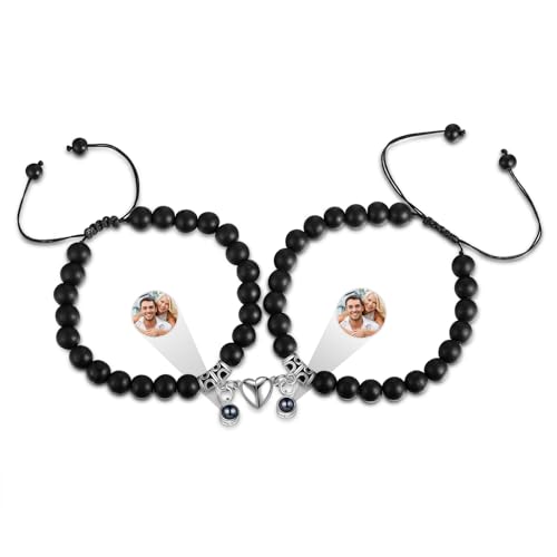 2 Stück Paar Armbänder Personalisierte Foto Projektion Armband Paare Pärchen Armband Mit Herz Magnetanhänger, Weihnachten Valentinstag Als Geschenk Für Freund Freundin (Weiß+Schwarz) von Grovjewfit