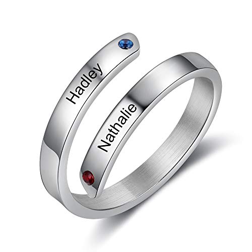 Grovjewfit Damen Ring Personalisierter Mit Namen Geburtsstein Offener Ring Verstellbar Ringe Edelstahl Frauen Weihnachten Jahrstag Geschenke Für Freundin Mutter Ehefrau (Mit 2 stones) von Grovjewfit