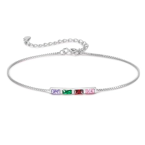 Grovjewfit Personalisiert Damen Armband Gold Armkette Mit 1-6 Geburtssteinen Verstellbar Anhängern Liebe Für Immer Muttertag Geschenk Für Mutter Mädchen Freundin (925 Silber Mit 4 Stone) von Grovjewfit