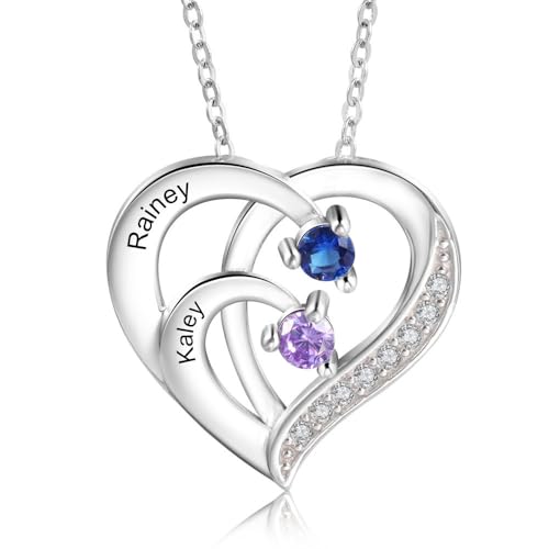 Grovjewfit Personalisierte Damen Halskette Mit Name, Herz Anhänger Kette Mit Geburtssteinen, 2-5 Namen Weihnachten Muttretag Als Geschenk Für Mama, Oma (2 Namen) von Grovjewfit
