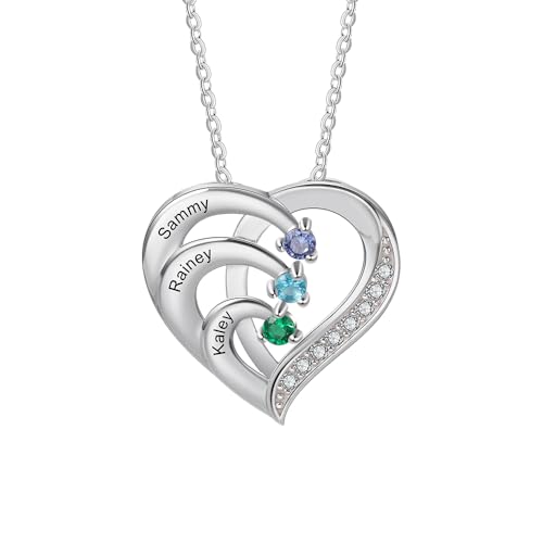 Grovjewfit Personalisierte Damen Halskette Mit Name, Herz Anhänger Kette Mit Geburtssteinen, 2-5 Namen Weihnachten Muttretag Als Geschenk Für Mama, Oma (3 Namen) von Grovjewfit