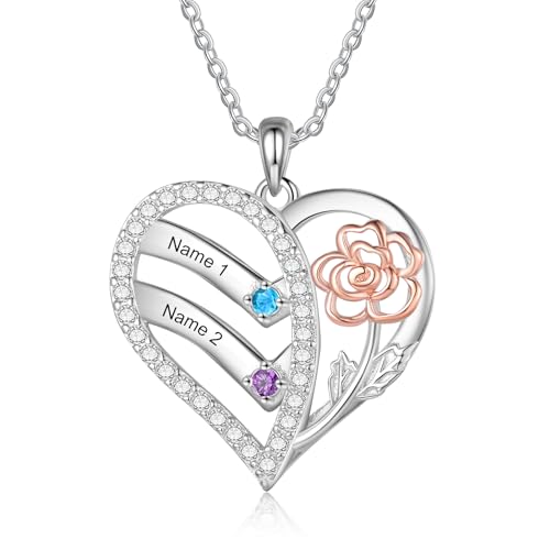 Grovjewfit Personalisierte Damen Halskette Mit Name, Herz Anhänger Kette Mit Geburtssteinen, Weihnachten Muttertag Als Geschenk Für Mama, Oma (2 stones) von Grovjewfit