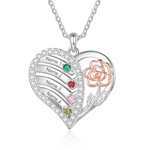 Grovjewfit Personalisierte Damen Halskette Mit Name, Herz Anhänger Kette Mit Geburtssteinen, Weihnachten Muttretag Als Geschenk Für Mama, Oma (4 stones) von Grovjewfit