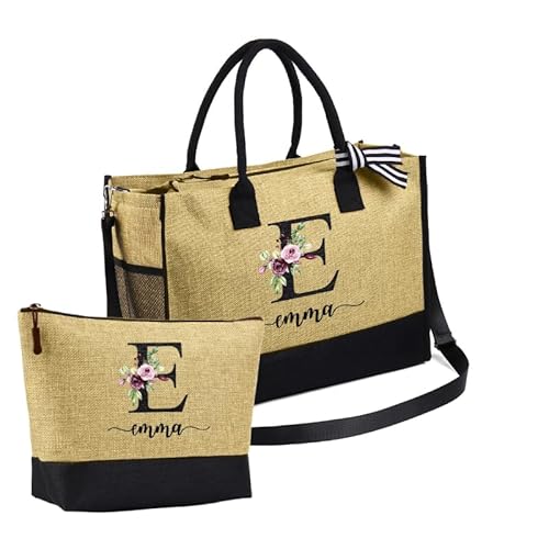 Grovjewfit Personalisierte Handtasche Set Damen Tragetasche Tote Bag Name Geburtsblumen Shopper Groß Umhängetasche Reißverschluss Geschenke Für Mutter Weihnachten Geburtstag Muttertag von Grovjewfit