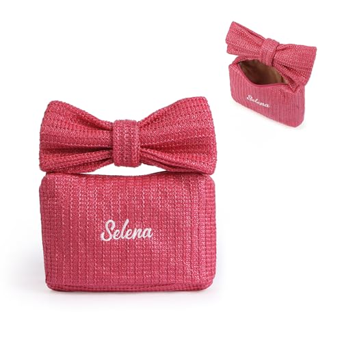 Grovjewfit Personalisierte Handtasche mit Schleife aus Strohgeflecht Handgefertigte Tragetasche für Damen mit Namen Strandtasche aus Geflecht mit Reißverschluss Geschenke Für Frauen (Rosa) von Grovjewfit