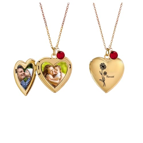 Personalisierte Damen Halskette Mit Foto Name Herz Halskette Mit Anhänger Mit 2 Fotos Geburtsblume Muttertag Weihnachten Als Geschenke Für Mutter Ehefrau Großmutter (Gold Mit Geburtsstein) von Grovjewfit