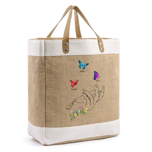 Personalisierte Damen Handtasche Mit Name: Damen Große Tasche Mit 3-7 Namen Shopping Bag, Baumwoll-Leinen Weihnachten Muttertag Als Geschenk Für Mama Oma Mutter Freundin (4 Namen) von Grovjewfit