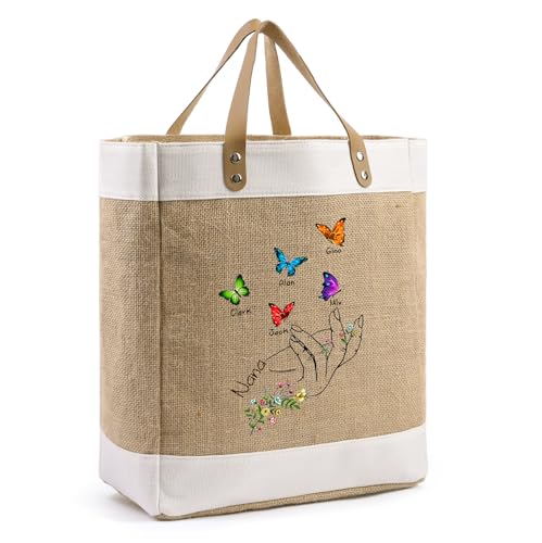 Personalisierte Damen Handtasche Mit Name: Damen Große Tasche Mit 3-7 Namen Shopping Bag, Baumwoll-Leinen Weihnachten Muttertag Als Geschenk Für Mama Oma Mutter Freundin (6 Namen) von Grovjewfit