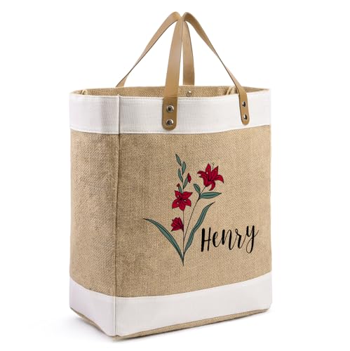 Personalisierte Damen Handtasche Mit Name: Geburtsblume Damen Große Tasche Shopping Bag, Baumwoll-Leinen Weihnachten Muttertag Als Geschenk Für Mama Oma Mutter Freundin (style 1) von Grovjewfit
