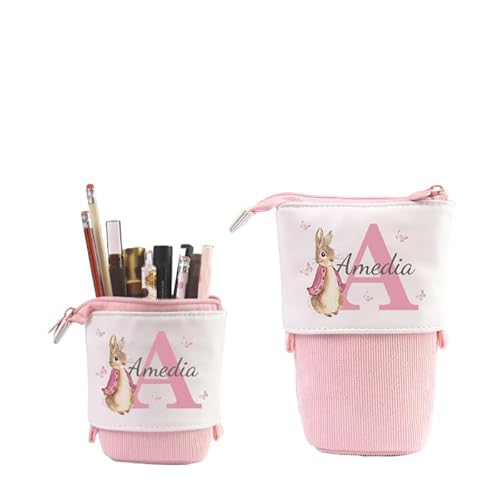 Grovjewfit Personalisierte Federmäppchen Teleskopisch Stifte Mäppchen Geschenke Für Mädchen Federmäppchen Kinder Junge Standmäppchen Mit Name Federtasche Tier Reißverschluss Stifteköcher (B - Rosa) von Grovjewfit