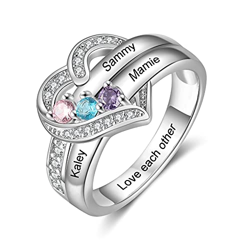Personalisierter Damen Ring 925 Silber Mit Namen Geburtssteine Herz Sterling Silber Ringe Frauen Geburtstag Weihnachten Jahrstag Geschenke Für Mutter Ehefrau Freundin (A - 3 stones) von Grovjewfit