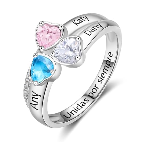 Personalisierter Damen Ring 925 Silber Mit Namen Geburtssteine Herz Sterling Silber Ringe Frauen Geburtstag Weihnachten Jahrstag Geschenke Für Mutter Ehefrau Freundin (B - 3 stones) von Grovjewfit
