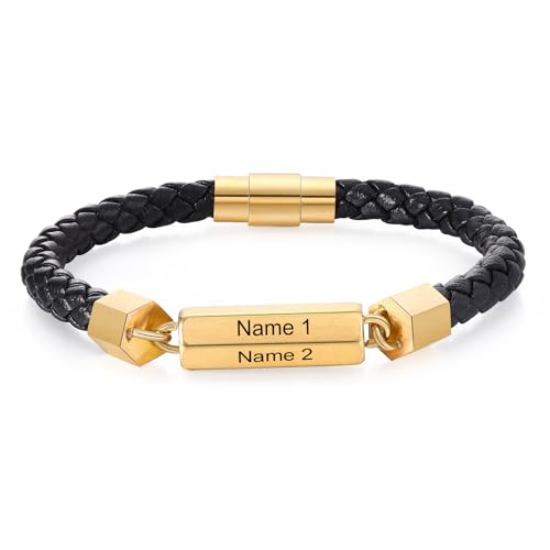 Personalisiertes Herren Armband Mit Gravur 1-6 Namen PU-Lederarmband Männer Armkette Geschenk Zu Weihnachten, Vatertag Für Vater, Großvater, Ehemann, Freund (Gold - 2 Names) von Grovjewfit