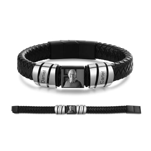 Personalisiertes Herrenarmband aus Leder mit 1–6 Namen Fotoarmband Geschenk für Männer: Papa, Ehemann, Sohn, Großvater (2 name) von Grovjewfit