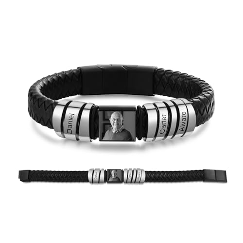 Personalisiertes Herrenarmband aus Leder mit 1–6 Namen Fotoarmband Geschenk für Männer: Papa, Ehemann, Sohn, Großvater (3 name) von Grovjewfit
